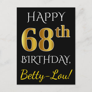 Zwart, Faux Gold 68th Birthday + Aangepaste naam Briefkaart