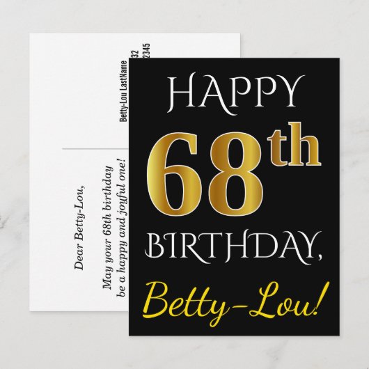 Zwart, Faux Gold 68th Birthday + Aangepaste naam Briefkaart (Voorkant / Achterkant)