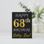 Zwart, Faux Gold 68th Birthday + Aangepaste naam Briefkaart (Staand voorkant)