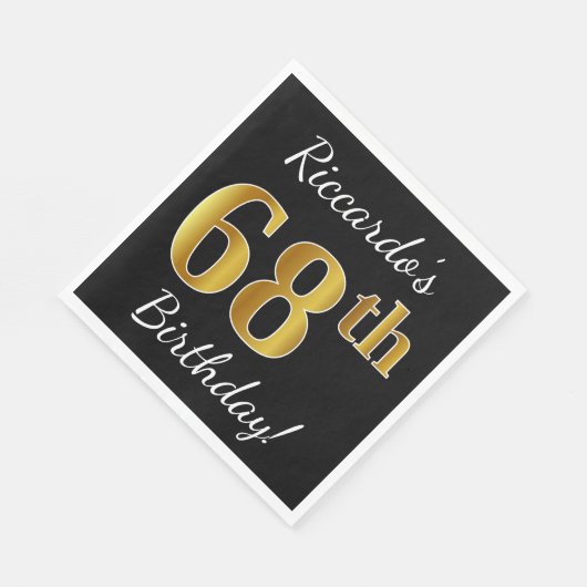 Zwart, Faux Gold 68th Birthday + Aangepaste naam Servet (Hoek)