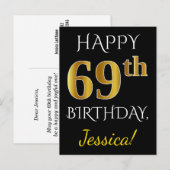 Zwart, Faux Gold 69th Birthday + Aangepaste naam Briefkaart (Voorkant / Achterkant)