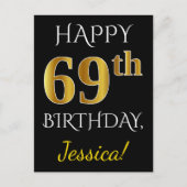Zwart, Faux Gold 69th Birthday + Aangepaste naam Briefkaart (Voorkant)