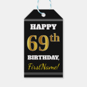Zwart, Faux Gold 69th Birthday + Aangepaste naam Cadeaulabel (Voorkant)