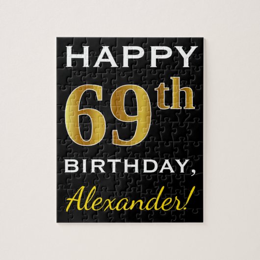 Zwart, Faux Gold 69th Birthday + Aangepaste naam Legpuzzel (Verticaal)