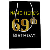 Zwart, Faux Gold 69th Birthday + Aangepaste naam Medium Cadeauzakje (Voorkant)