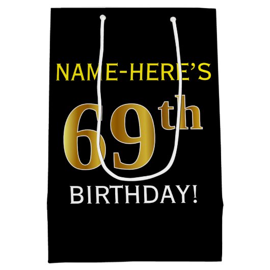 Zwart, Faux Gold 69th Birthday + Aangepaste naam Medium Cadeauzakje (Achterkant)
