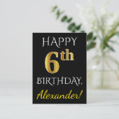 Zwart, Faux Gold 6th Birthday + Aangepaste naam Briefkaart (Staand voorkant)
