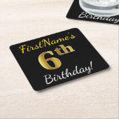 Zwart, Faux Gold 6th Birthday + Aangepaste naam Kartonnen Onderzetters (Schuin)