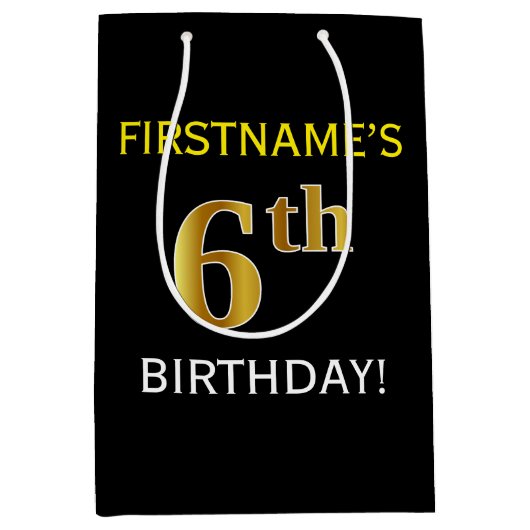 Zwart, Faux Gold 6th Birthday + Aangepaste naam Medium Cadeauzakje (Voorkant)