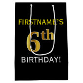 Zwart, Faux Gold 6th Birthday + Aangepaste naam Medium Cadeauzakje (Achterkant)