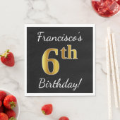Zwart, Faux Gold 6th Birthday + Aangepaste naam Servet (Insitu)