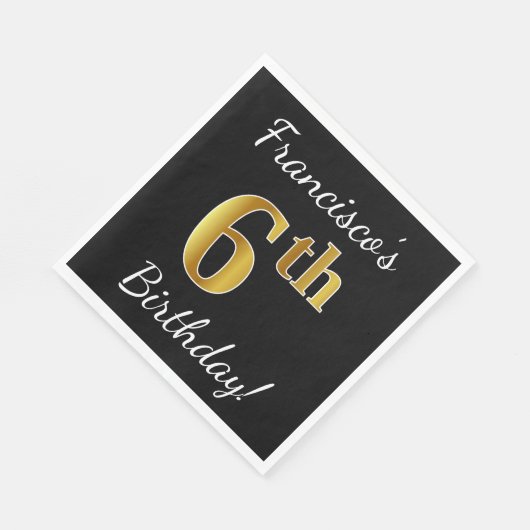 Zwart, Faux Gold 6th Birthday + Aangepaste naam Servet (Hoek)