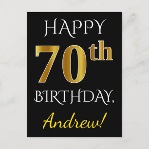 Zwart, Faux Gold 70th Birthday + Aangepaste naam Briefkaart