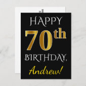 Zwart, Faux Gold 70th Birthday + Aangepaste naam Briefkaart (Voorkant / Achterkant)