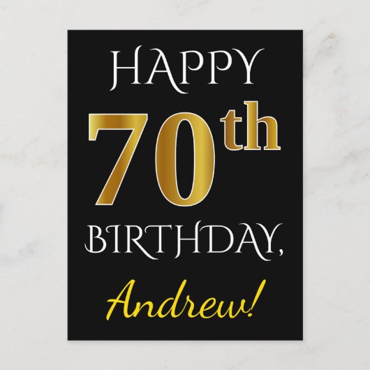 Zwart, Faux Gold 70th Birthday + Aangepaste naam Briefkaart (Voorkant)