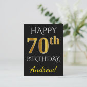 Zwart, Faux Gold 70th Birthday + Aangepaste naam Briefkaart (Staand voorkant)