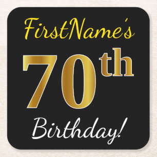 Zwart, Faux Gold 70th Birthday + Aangepaste naam Kartonnen Onderzetters