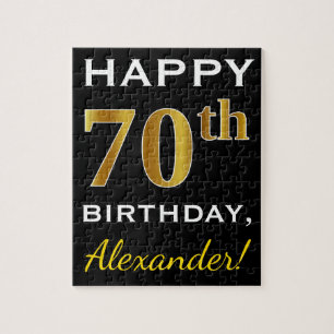 Zwart, Faux Gold 70th Birthday + Aangepaste naam Legpuzzel