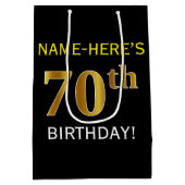 Zwart, Faux Gold 70th Birthday + Aangepaste naam Medium Cadeauzakje (Achterkant)