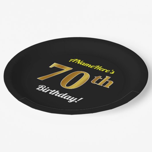 Zwart, Faux Gold 70th Birthday + Aangepaste naam Papieren Bordje (Gekanteld)