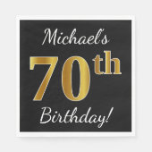 Zwart, Faux Gold 70th Birthday + Aangepaste naam Servetten (Voorkant)
