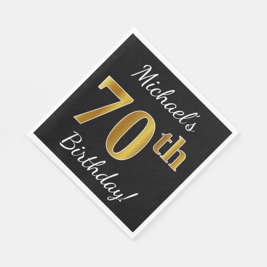 Zwart, Faux Gold 70th Birthday + Aangepaste naam Servetten (Hoek)