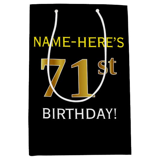 Zwart, Faux Gold 71st verjaardag + Aangepaste naam Medium Cadeauzakje (Voorkant)