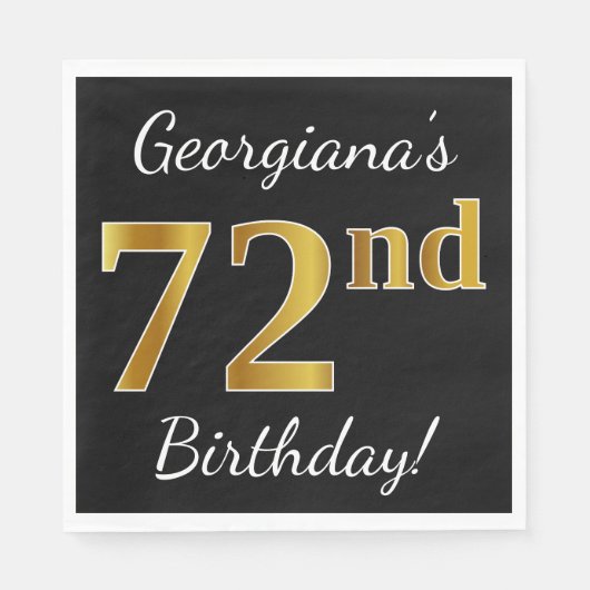 Zwart, Faux Gold 72e verjaardag + Aangepaste naam Servetten (Voorkant)