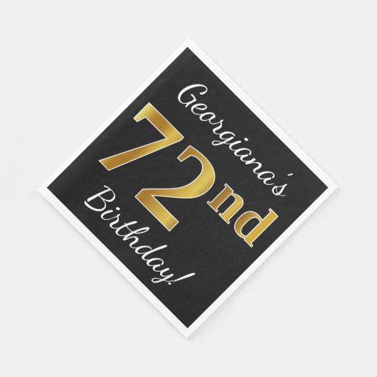 Zwart, Faux Gold 72e verjaardag + Aangepaste naam Servetten (Hoek)