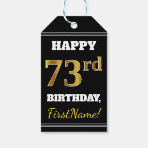 Zwart, Faux Gold 73rd Birthday + Aangepaste naam Cadeaulabel