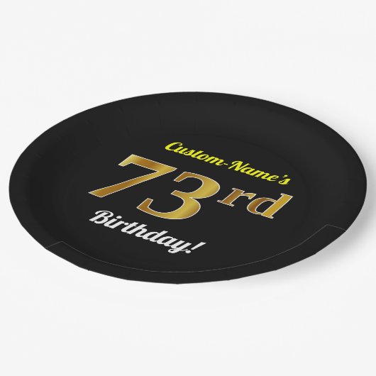 Zwart, Faux Gold 73rd Birthday + Aangepaste naam Papieren Bordje (Gekanteld)