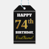 Zwart, Faux Gold 74th Birthday + Aangepaste naam Cadeaulabel (Voorkant)