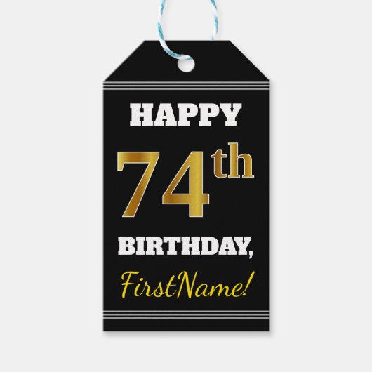 Zwart, Faux Gold 74th Birthday + Aangepaste naam Cadeaulabel (Voorkant)