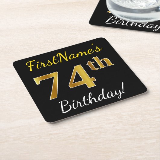 Zwart, Faux Gold 74th Birthday + Aangepaste naam Kartonnen Onderzetters (Schuin)