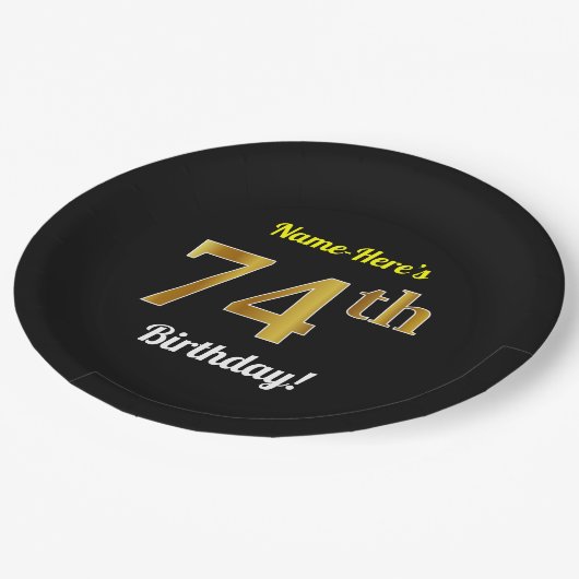 Zwart, Faux Gold 74th Birthday + Aangepaste naam Papieren Bordje (Gekanteld)