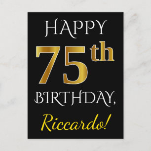 Zwart, Faux Gold 75th Birthday + Eigen naam Briefkaart