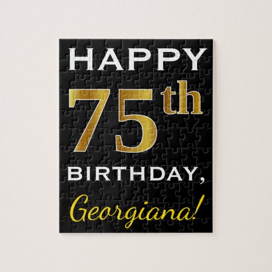 Zwart, Faux Gold 75th Birthday + Eigen naam Legpuzzel (Verticaal)