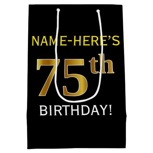 Zwart, Faux Gold 75th Birthday + Eigen naam Medium Cadeauzakje (Achterkant)