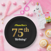 Zwart, Faux Gold 75th Birthday + Eigen naam Papieren Bordje (Feest)