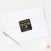 Zwart, Faux Gold 75th Birthday + Eigen naam Vierkante Sticker (Envelop)
