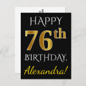 Zwart, Faux Gold 76th Birthday + Aangepaste naam Briefkaart (Voorkant / Achterkant)