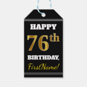 Zwart, Faux Gold 76th Birthday + Aangepaste naam Cadeaulabel (Voorkant)