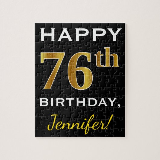 Zwart, Faux Gold 76th Birthday + Aangepaste naam Legpuzzel (Verticaal)