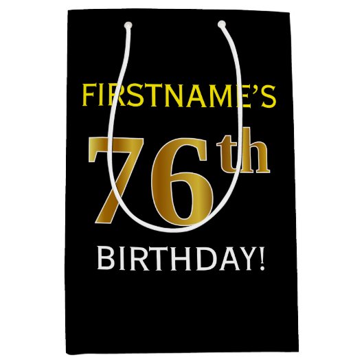 Zwart, Faux Gold 76th Birthday + Aangepaste naam Medium Cadeauzakje (Voorkant)