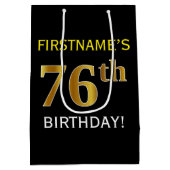 Zwart, Faux Gold 76th Birthday + Aangepaste naam Medium Cadeauzakje (Achterkant)