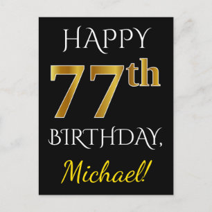Zwart, Faux Gold 77th Birthday + Aangepaste naam Briefkaart