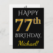 Zwart, Faux Gold 77th Birthday + Aangepaste naam Briefkaart (Voorkant / Achterkant)