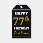 Zwart, Faux Gold 77th Birthday + Aangepaste naam Cadeaulabel (Voorkant)