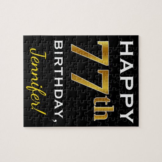 Zwart, Faux Gold 77th Birthday + Aangepaste naam Legpuzzel (Horizontaal)