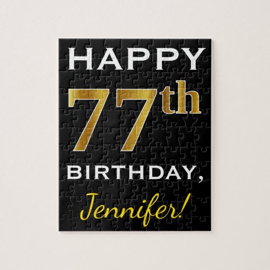 Zwart, Faux Gold 77th Birthday + Aangepaste naam Legpuzzel (Verticaal)